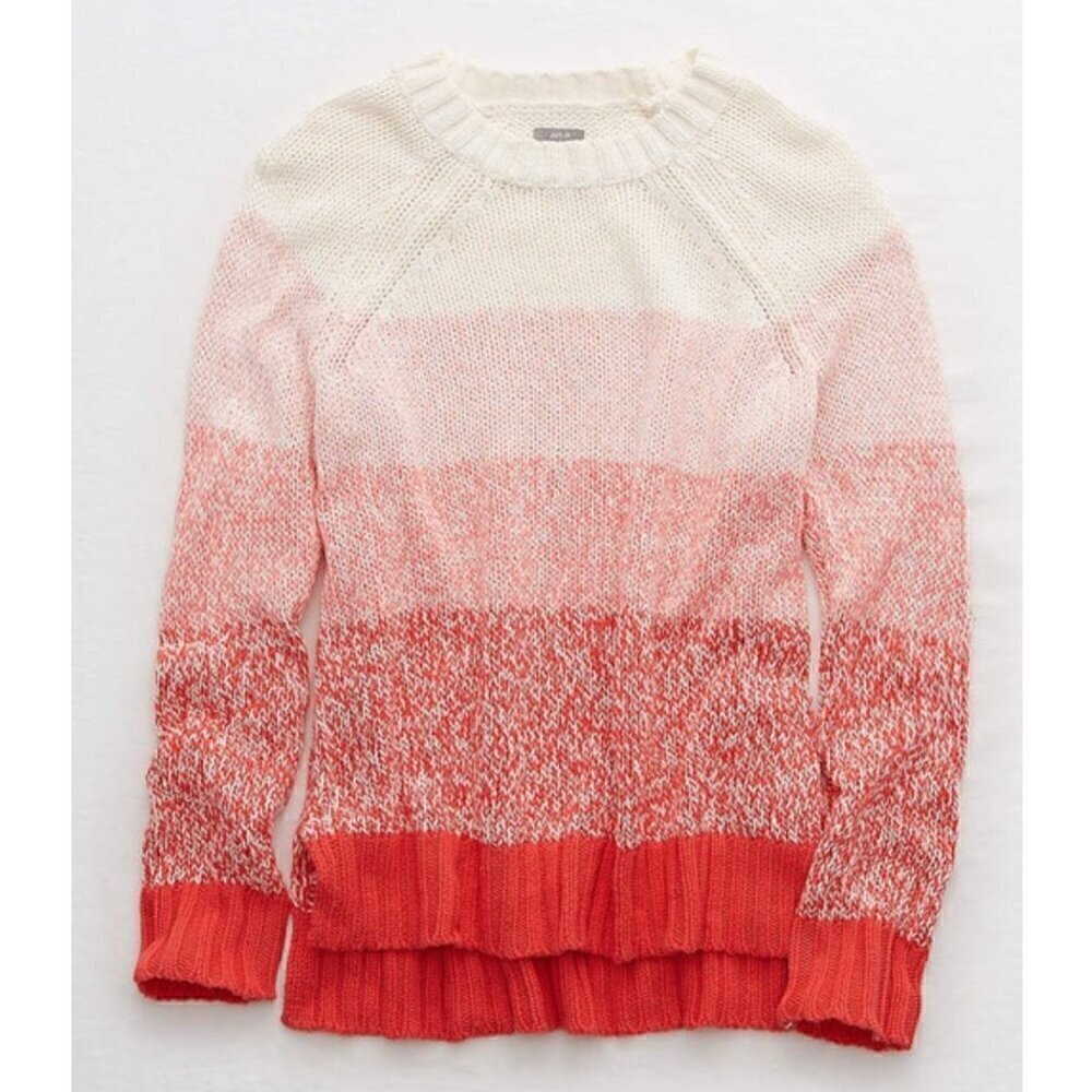 AERIE AMERICAN EAGLE Heathered Crew Sweater Cream Ivory Coral Colorblock Cotton